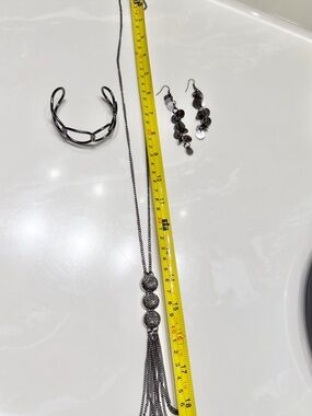 Gunmetal Tassel Pendant Necklace, Bracelet, and Earrings